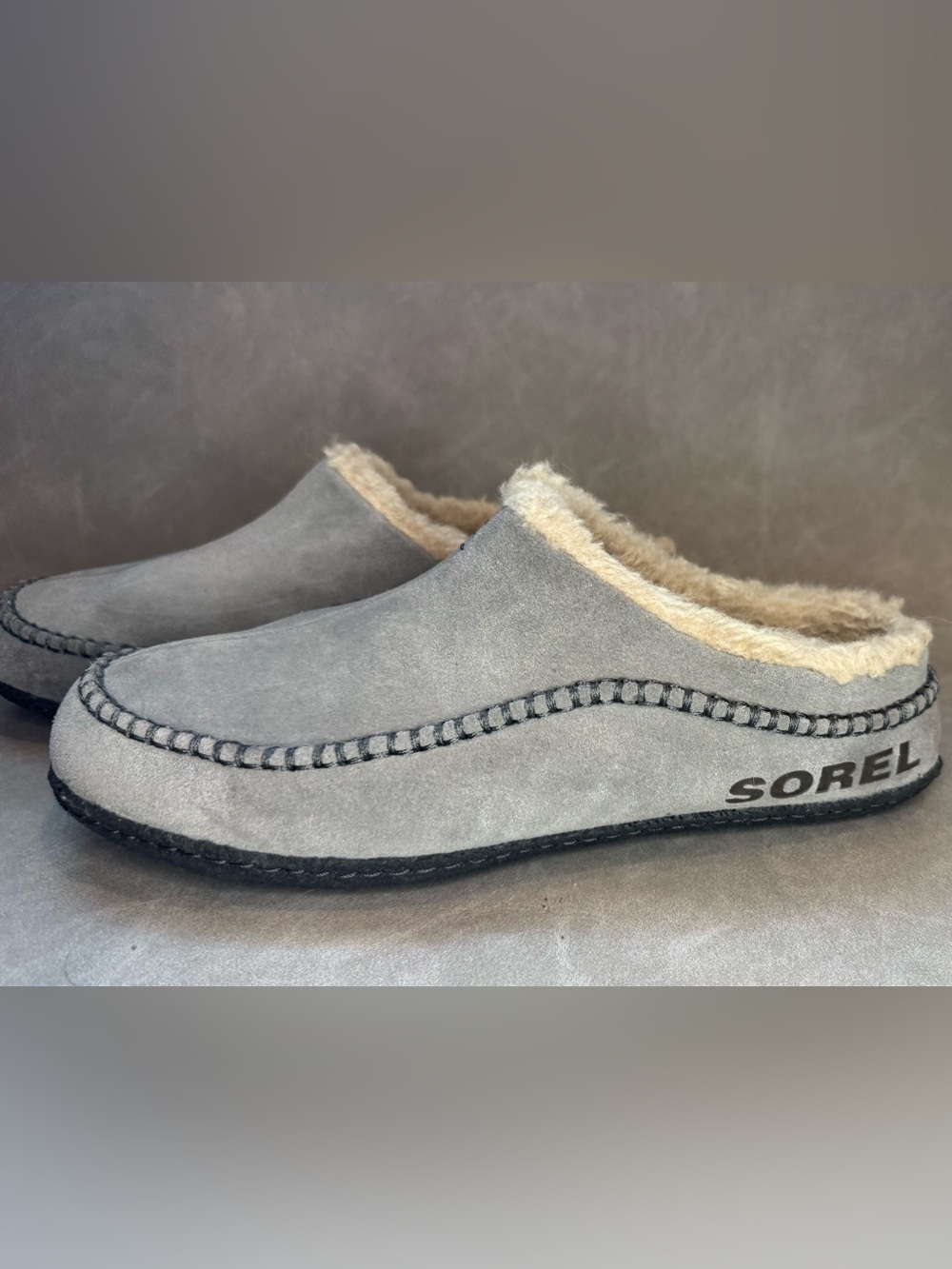 SOREL Manawan II Men’s Size 11 Gray Suede Faux Fur Lined Slippers Shoes